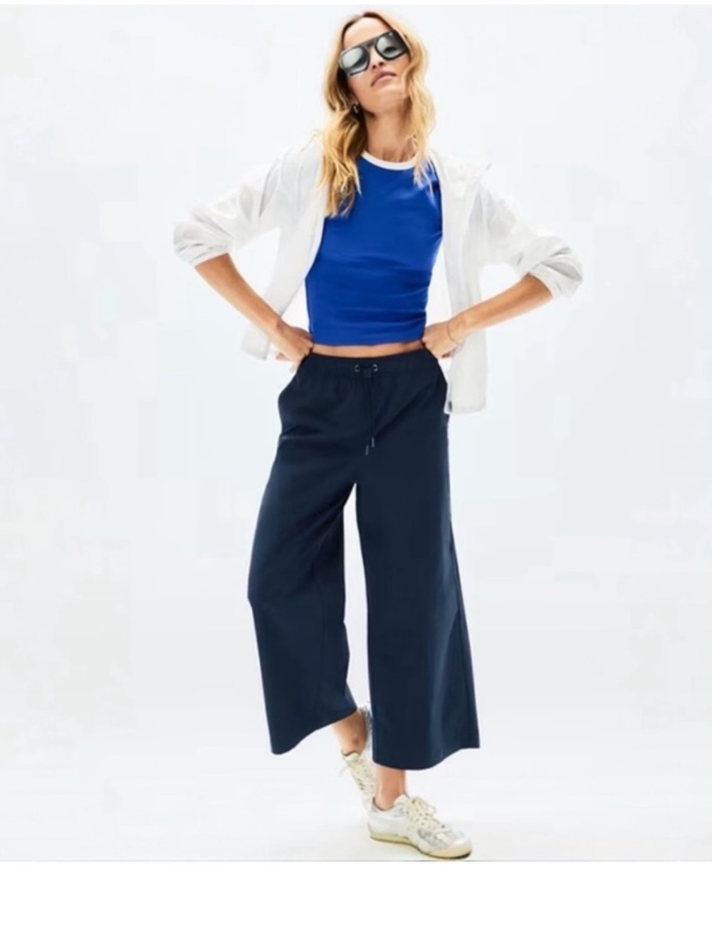 Athleta XS Midday Mid Rise Crop Poplin Pant Navy Wide Leg #658011